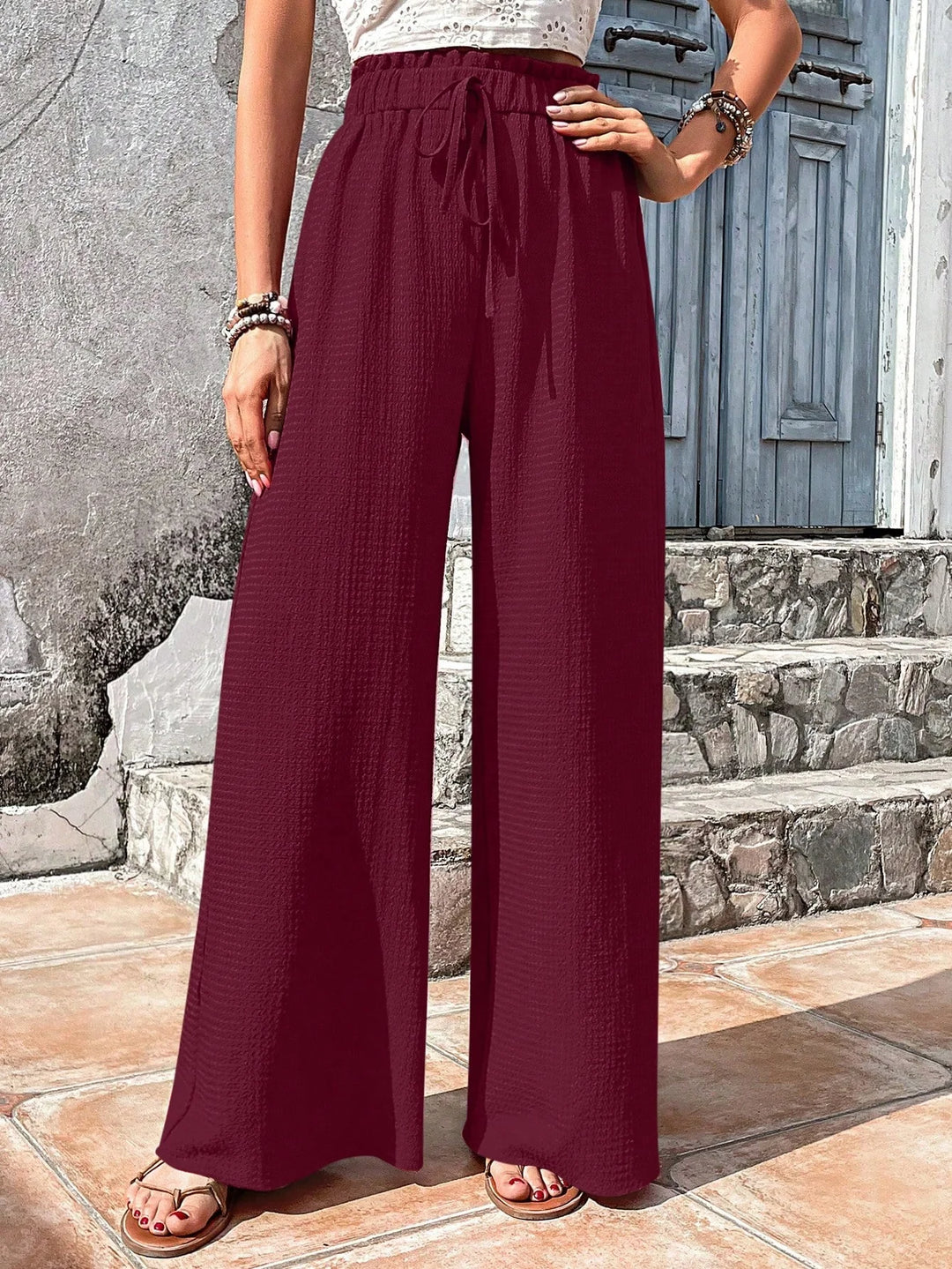 Women’s Solid Color Wide Leg Loose Pants Frill Waist Tie Vacation Wear