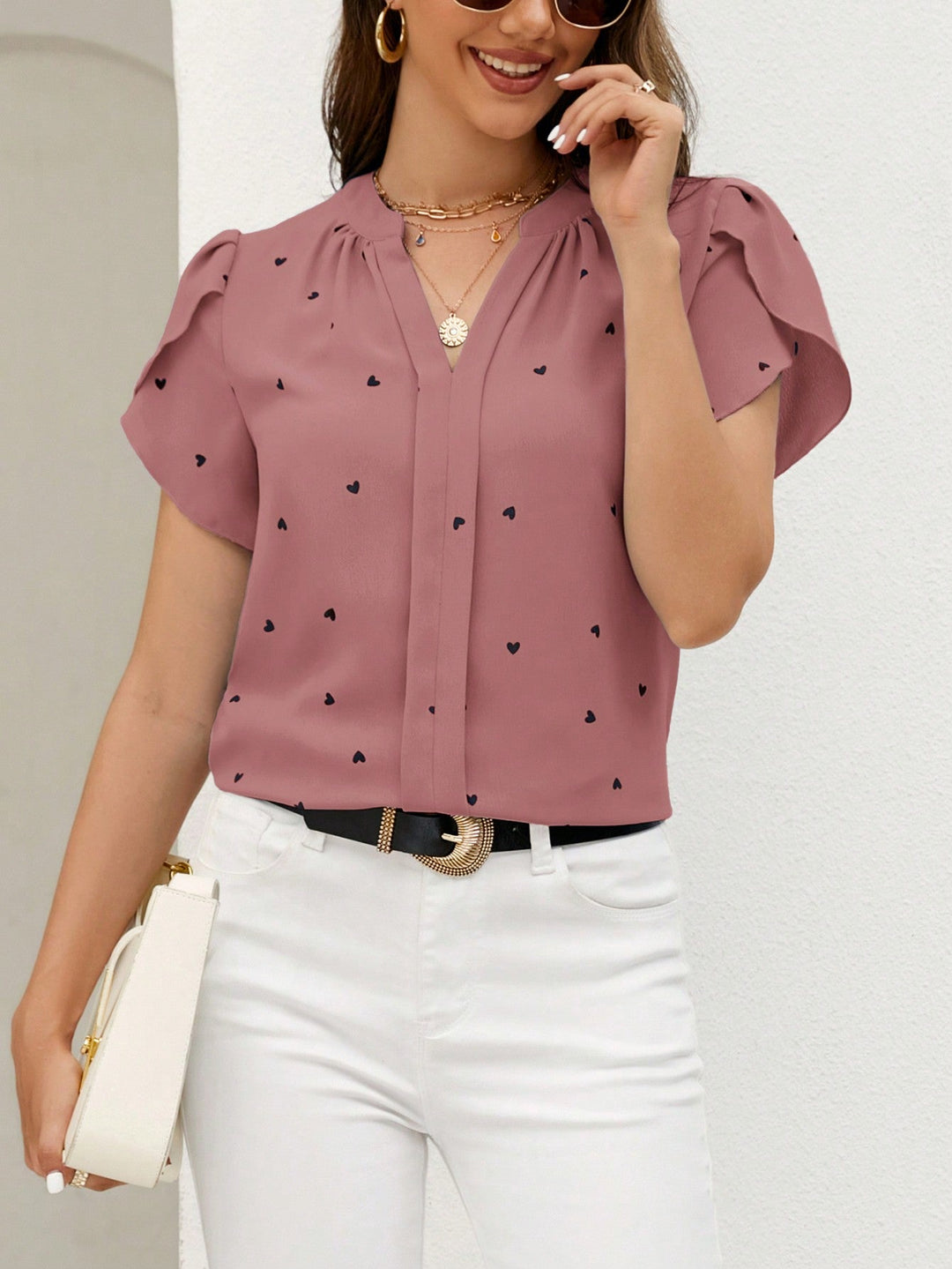 Women’s Classic Short Sleeve Embroidered Notched Neck Printed Casual Top