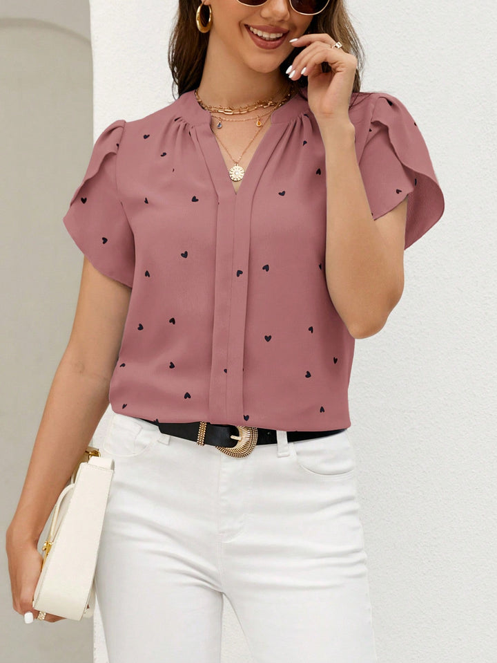 Women’s Classic Short Sleeve Embroidered Notched Neck Printed Casual Top