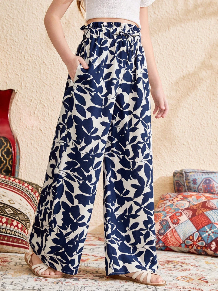 Girls High Waist Leaf Print Wide Leg Casual Resort Pants