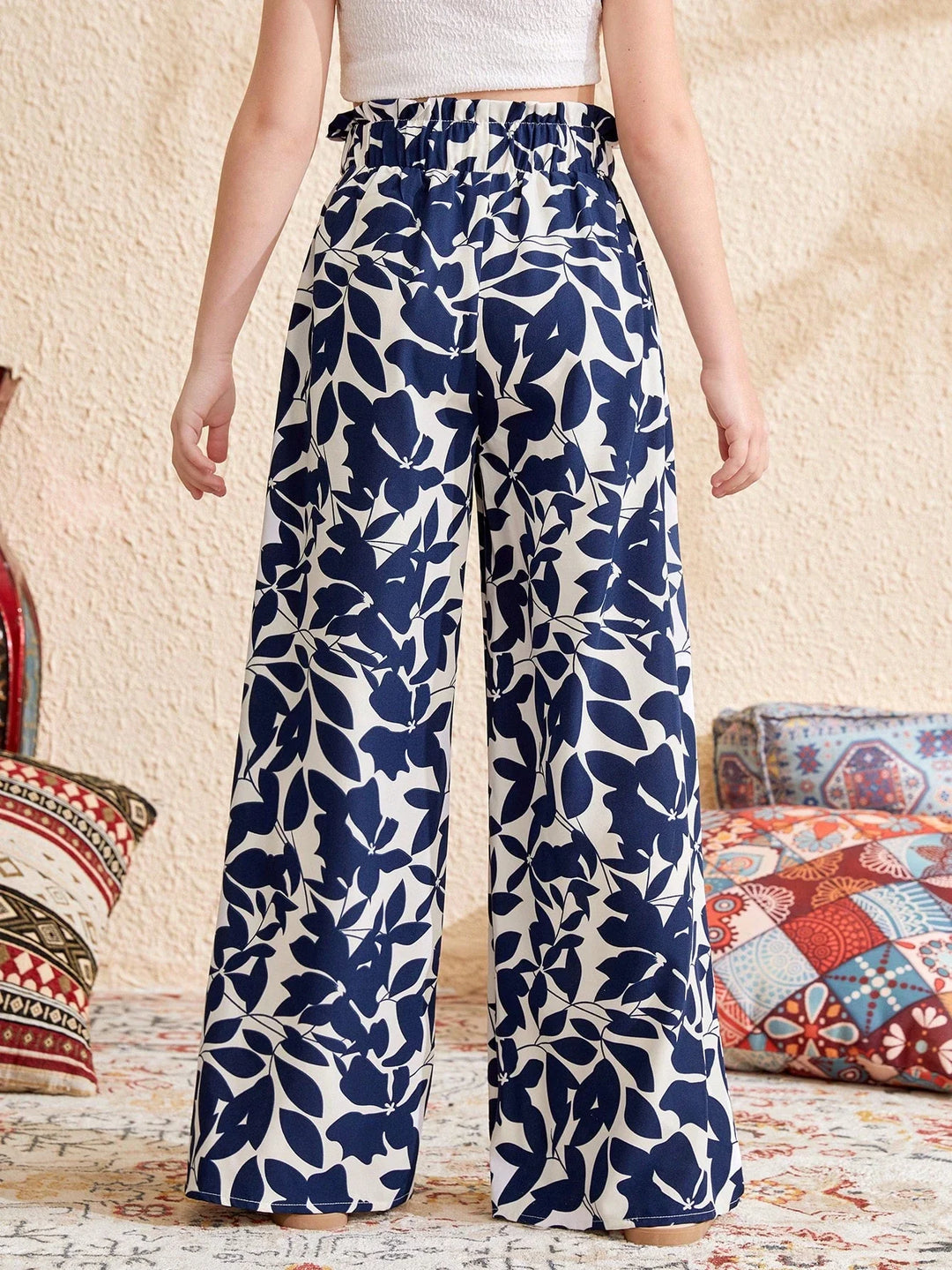 Girls High Waist Leaf Print Wide Leg Casual Resort Pants