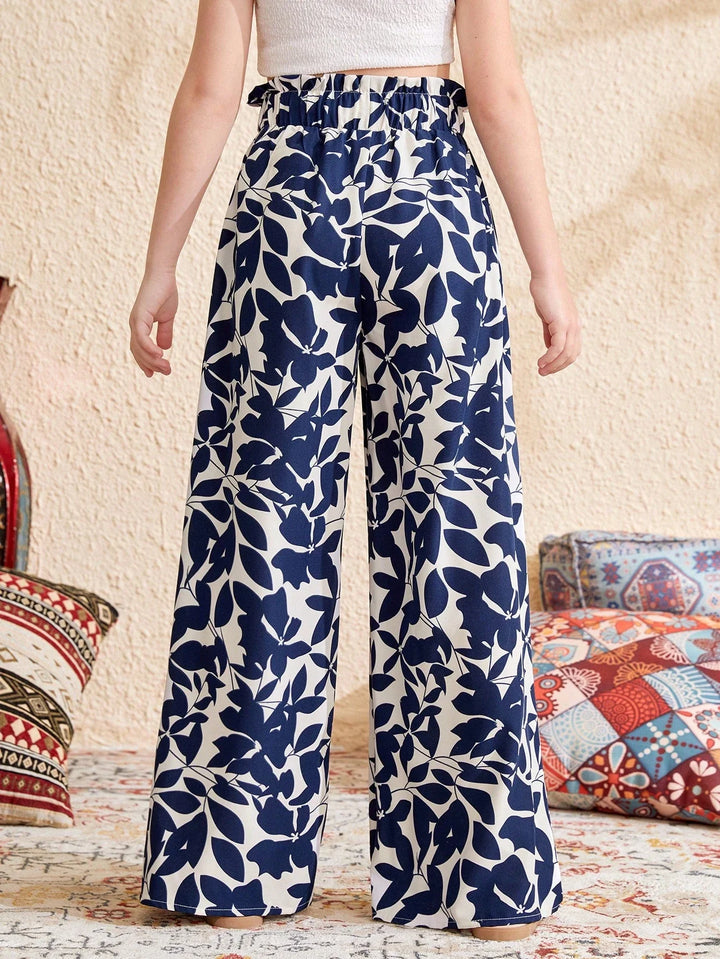 Girls High Waist Leaf Print Wide Leg Casual Resort Pants