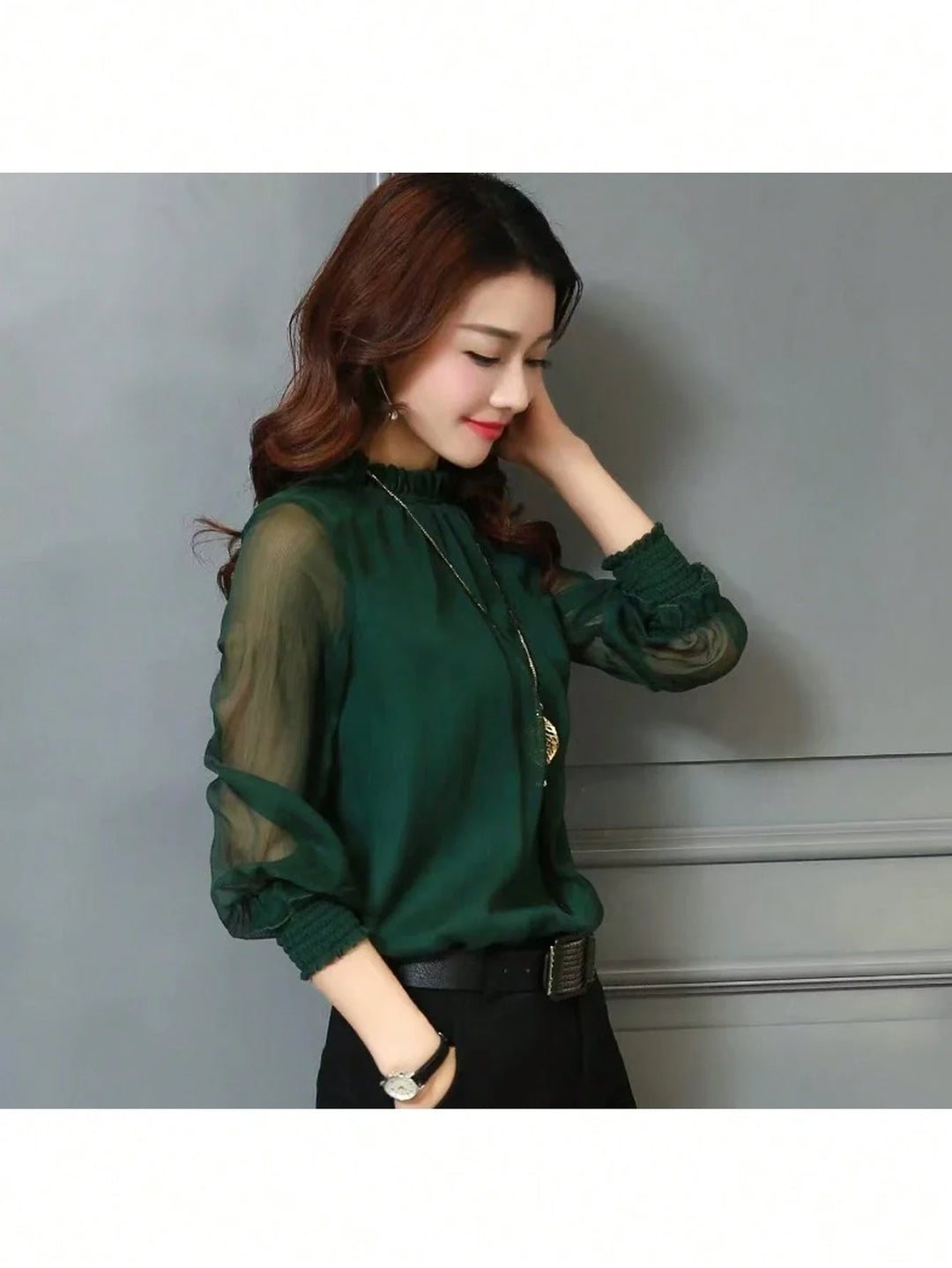 Women’s Casual Office Solid Color Sheer Long Sleeve Top