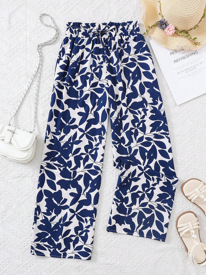 Girls High Waist Leaf Print Wide Leg Casual Resort Pants