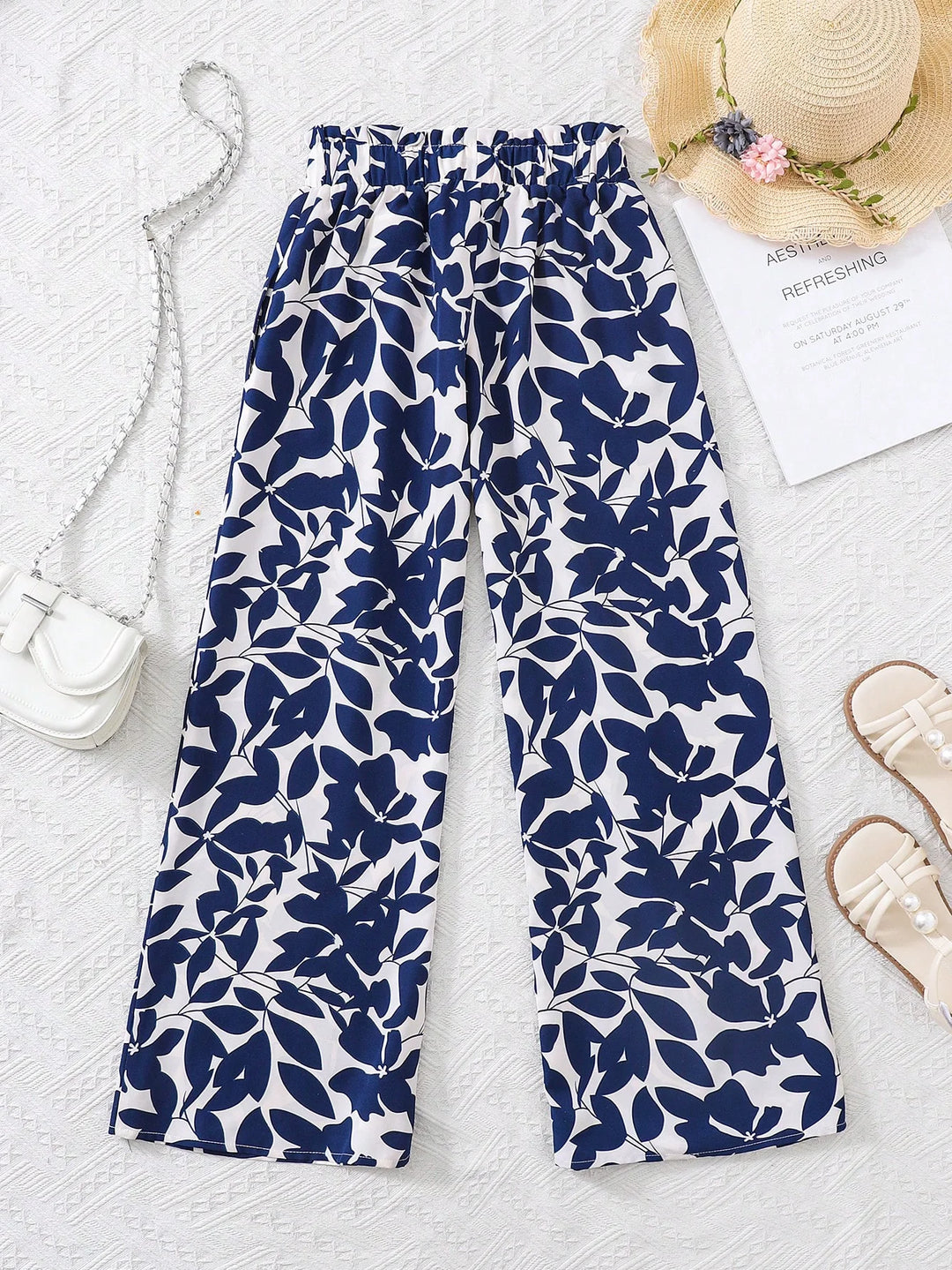 Girls High Waist Leaf Print Wide Leg Casual Resort Pants