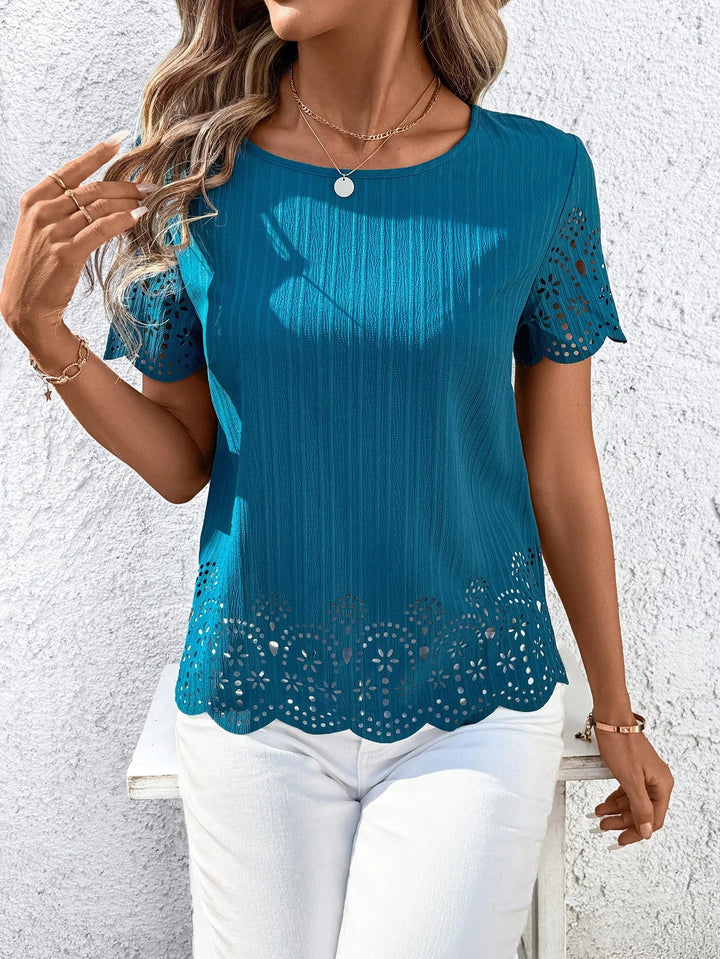 Women Casual Round Neck Short Sleeve Blouse Summer Vacation Top