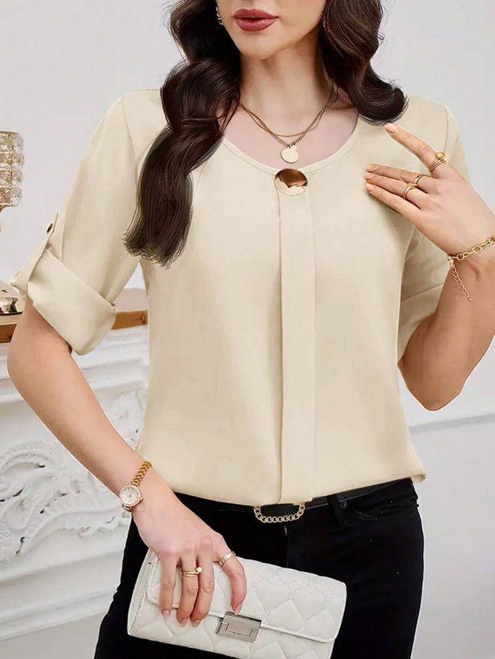 Womens Plain Round Neck Short Sleeve Button Front Casual Blouse