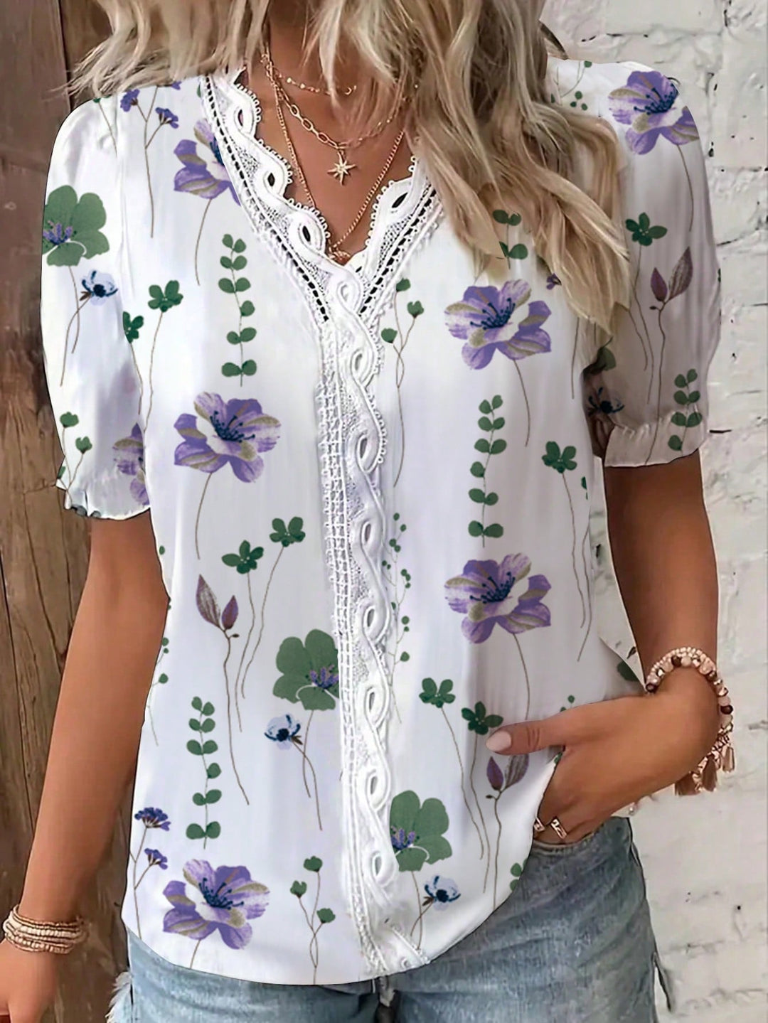 Womens Vacation Floral Print Contrast Lace Puff Sleeve Short Sleeve Shirt Top