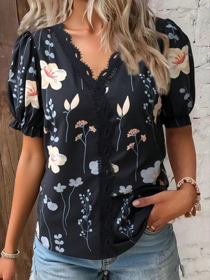Womens Vacation Floral Print Contrast Lace Puff Sleeve Short Sleeve Shirt Top