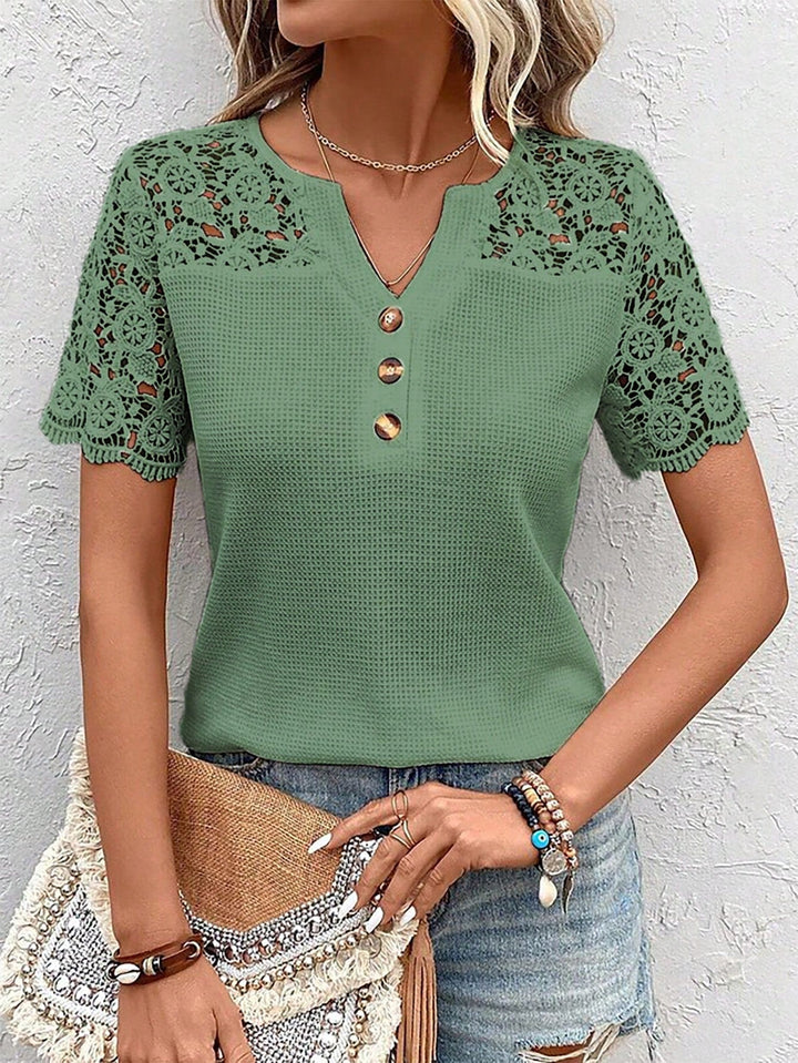 Womens Summer Solid Color Contrast Lace Trim V Neck Short Sleeve Elegant Top