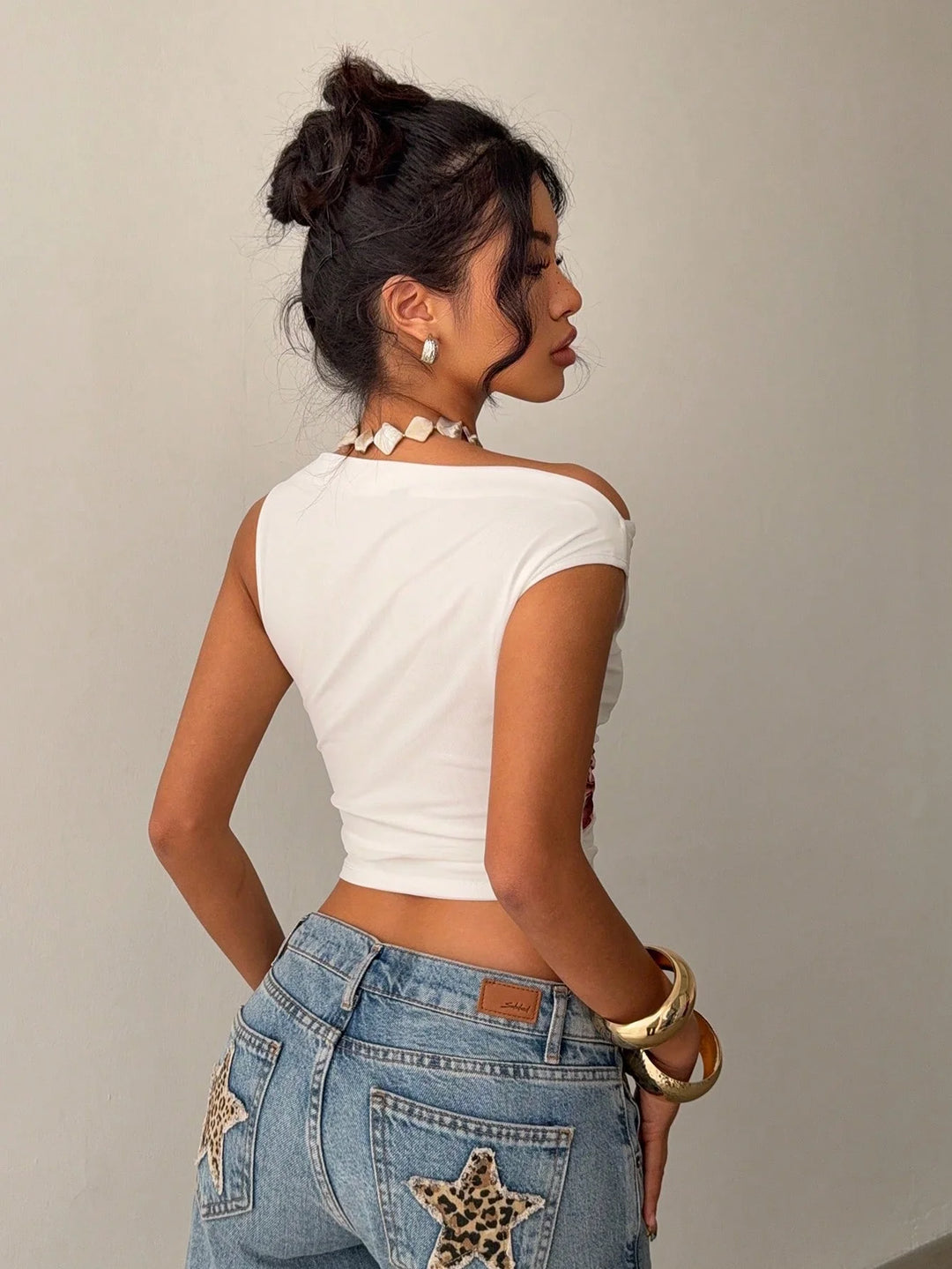 Women’s Summer Casual Asymmetrical Neck Floral Print Pleated Fitted Top