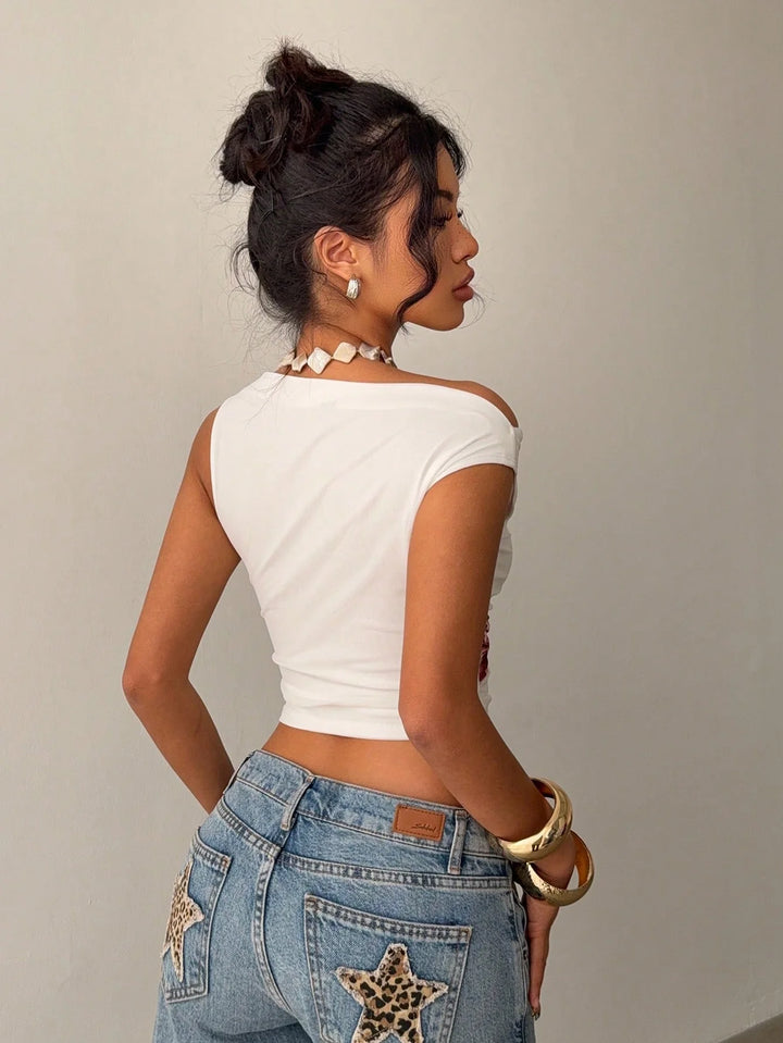 Women’s Summer Casual Asymmetrical Neck Floral Print Pleated Fitted Top