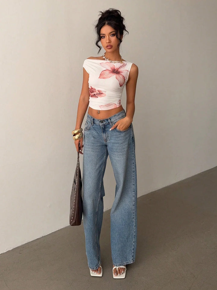 Women’s Summer Casual Asymmetrical Neck Floral Print Pleated Fitted Top