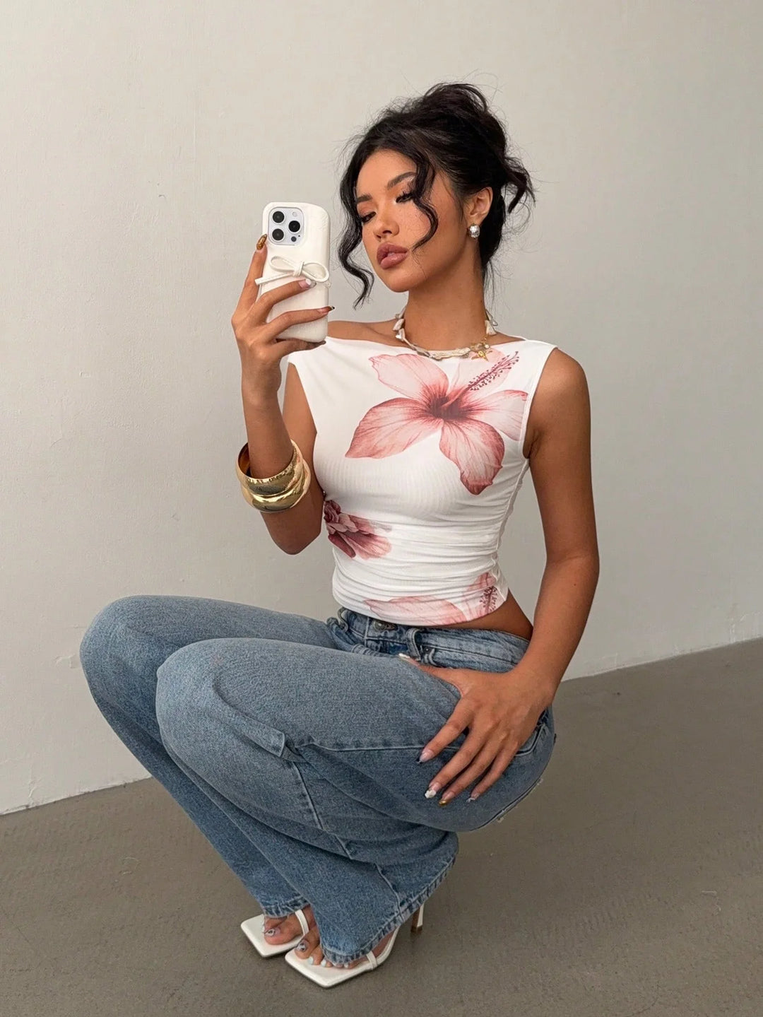 Women’s Summer Casual Asymmetrical Neck Floral Print Pleated Fitted Top
