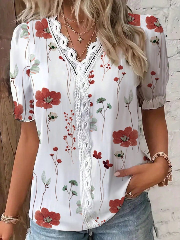 Womens Vacation Floral Print Contrast Lace Puff Sleeve Short Sleeve Shirt Top