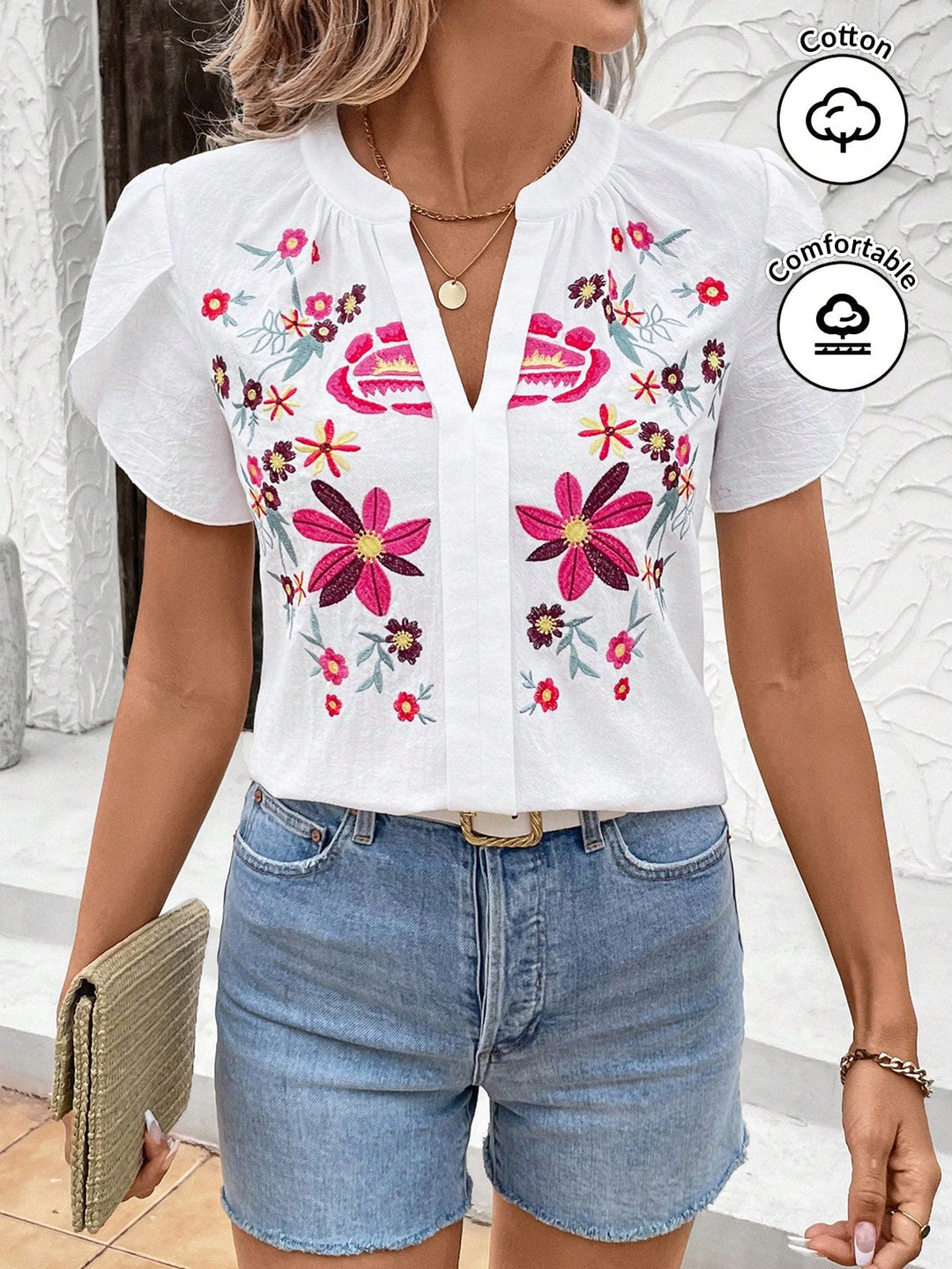 Women’s Classic Short Sleeve Embroidered Notched Neck Printed Casual Top
