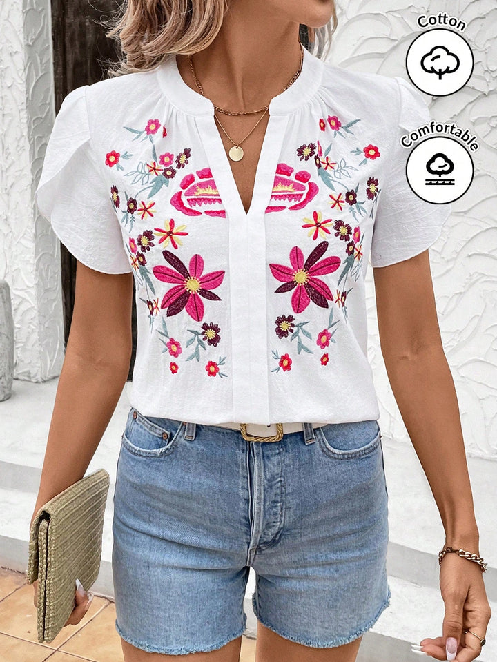 Women’s Classic Short Sleeve Embroidered Notched Neck Printed Casual Top