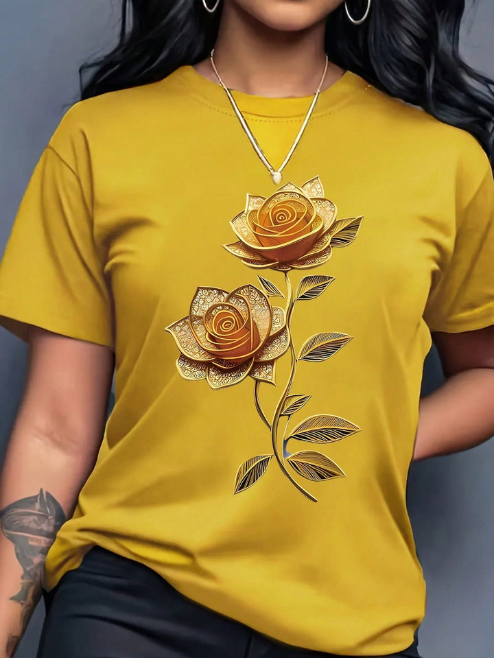 Women Purple Floral Print Round Neck Short Sleeve T-Shirt Summer Top