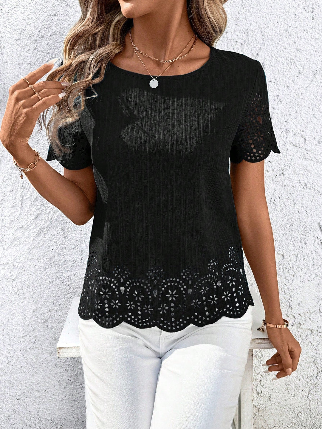 Women Casual Round Neck Short Sleeve Blouse Summer Vacation Top