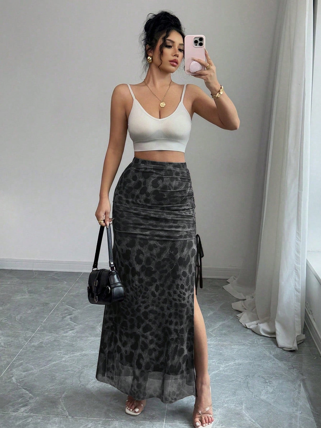 Women Elegant Leopard Print Mesh Elastic Waist High Slit A-Line Skirt
