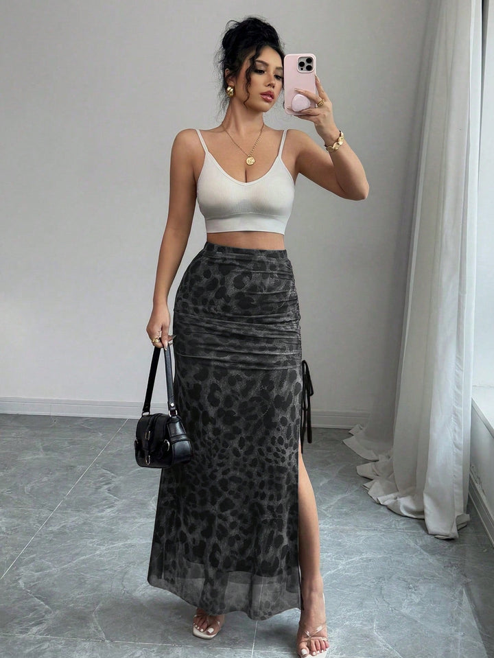 Women Elegant Leopard Print Mesh Elastic Waist High Slit A-Line Skirt