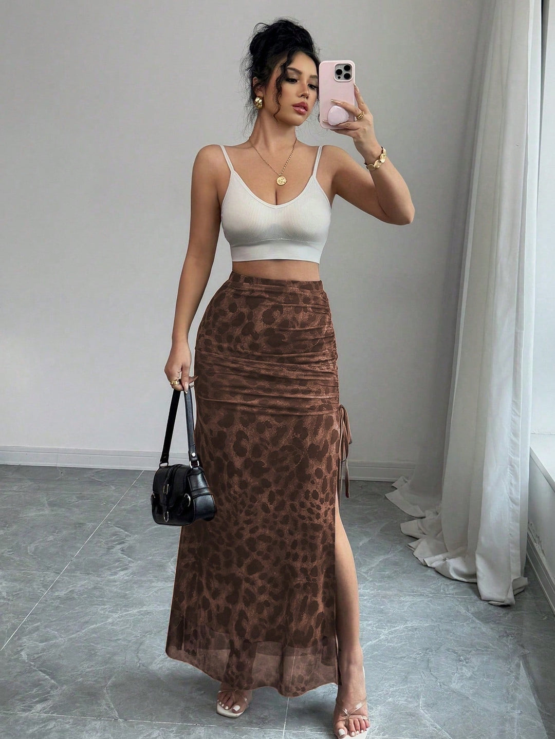 Women Elegant Leopard Print Mesh Elastic Waist High Slit A-Line Skirt