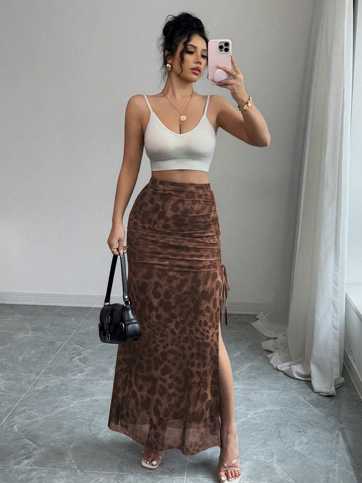Women Elegant Leopard Print Mesh Elastic Waist High Slit A-Line Skirt