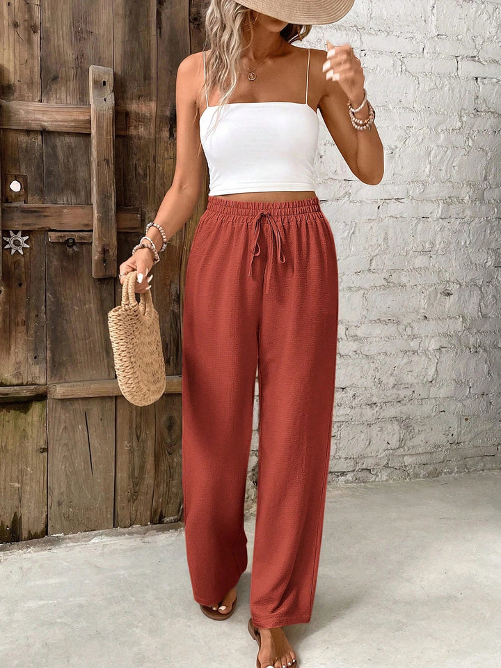 Women’s Belted Straight Leg Pants – Loose Fit Solid Casual