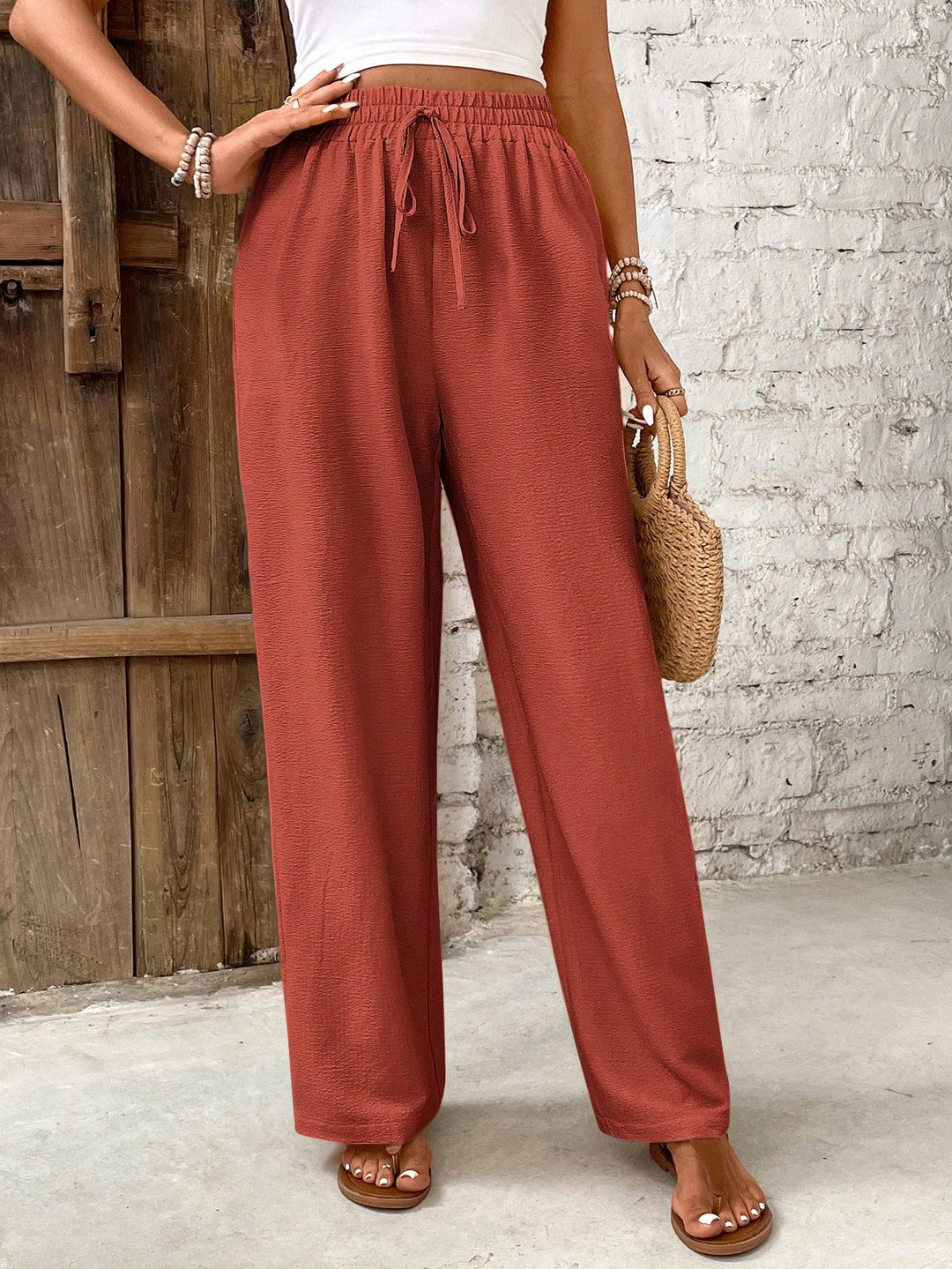 Women’s Belted Straight Leg Pants – Loose Fit Solid Casual