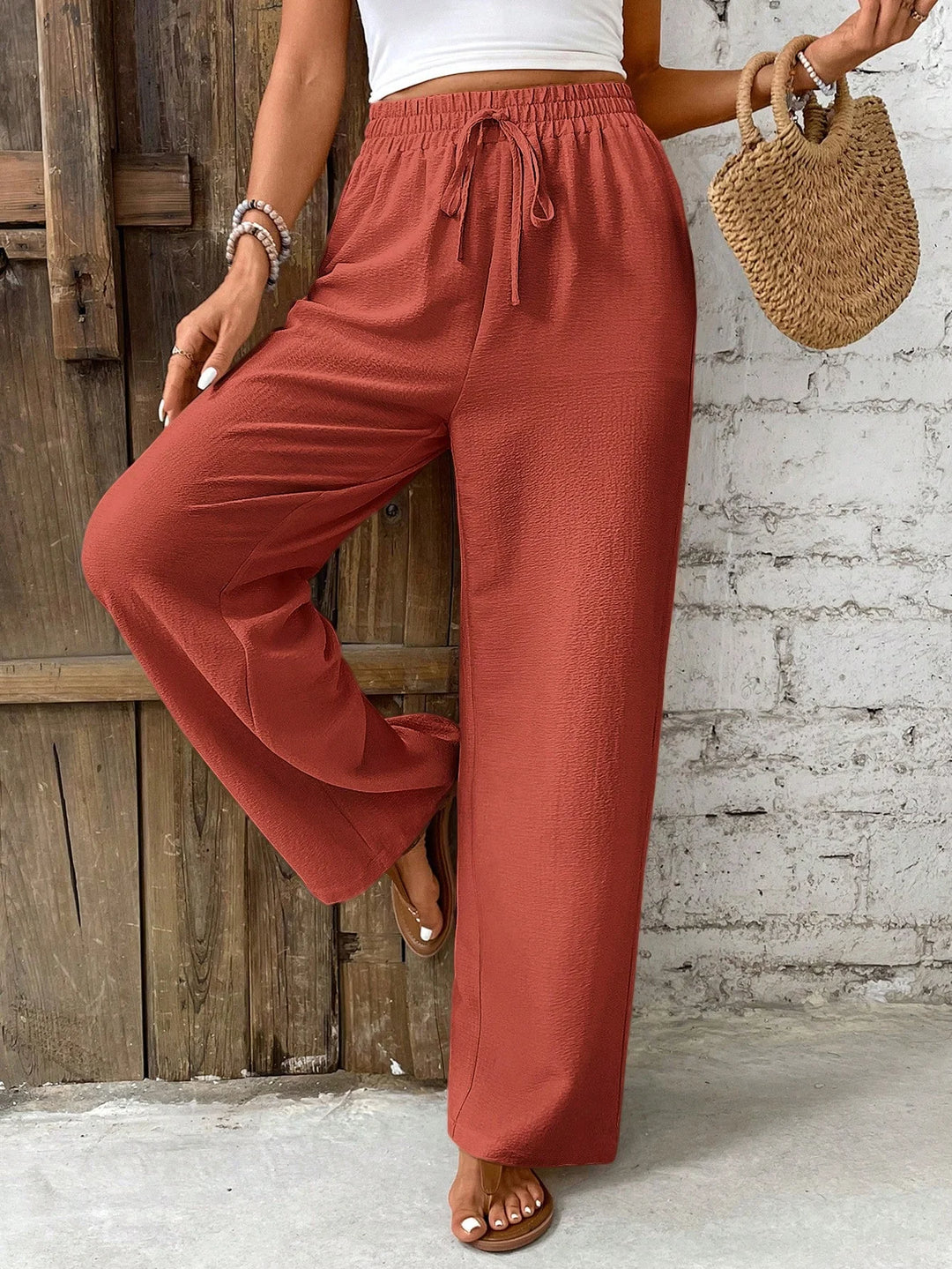 Women’s Belted Straight Leg Pants – Loose Fit Solid Casual