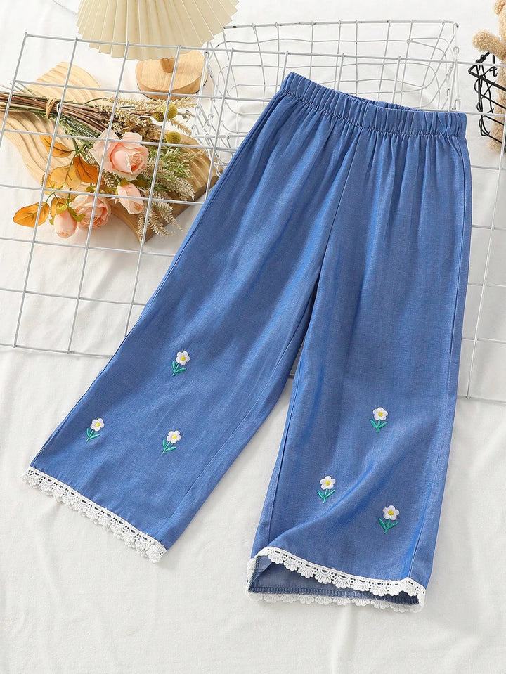 Girls Wide Leg Floral Embroidered Ruffle Hem Casual Pants