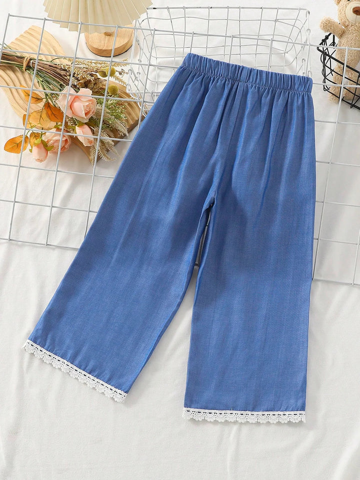 Girls Wide Leg Floral Embroidered Ruffle Hem Casual Pants