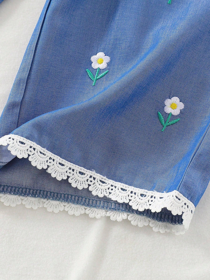 Girls Wide Leg Floral Embroidered Ruffle Hem Casual Pants