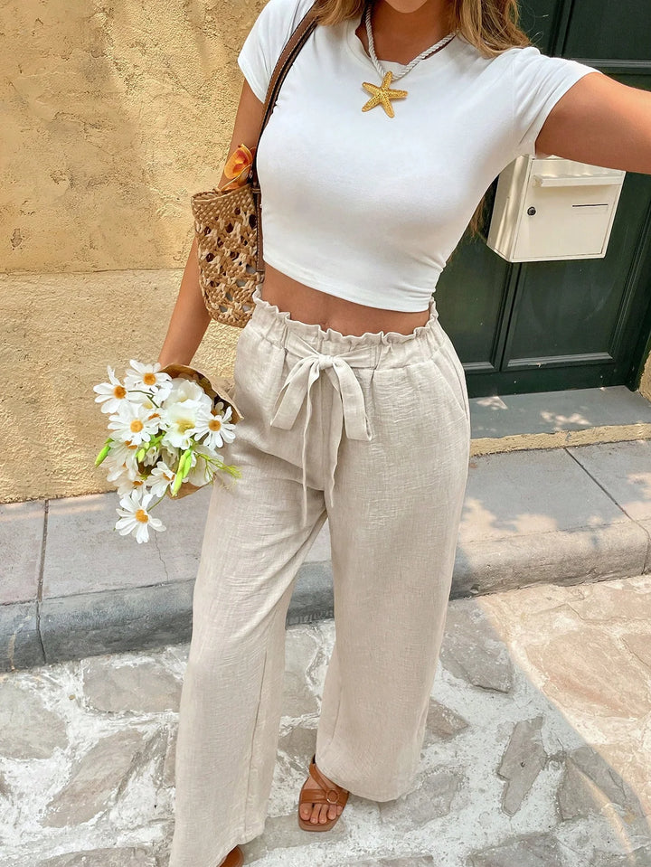 Women’s Bowknot Drawstring Waist Pants – Solid Casual Long Fit