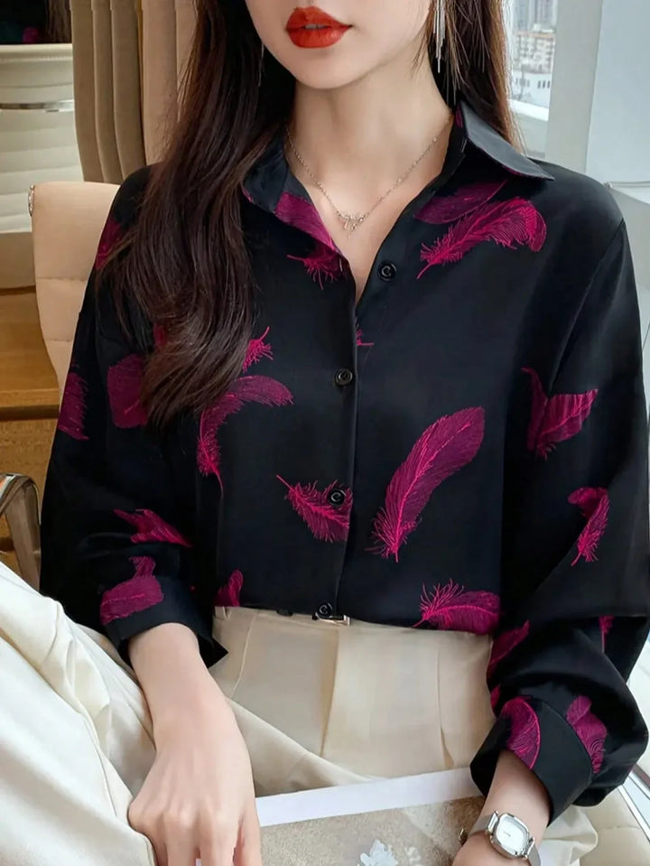 Women’s Casual Feather Print Elegant Long Sleeve Blouse – Ladies Top
