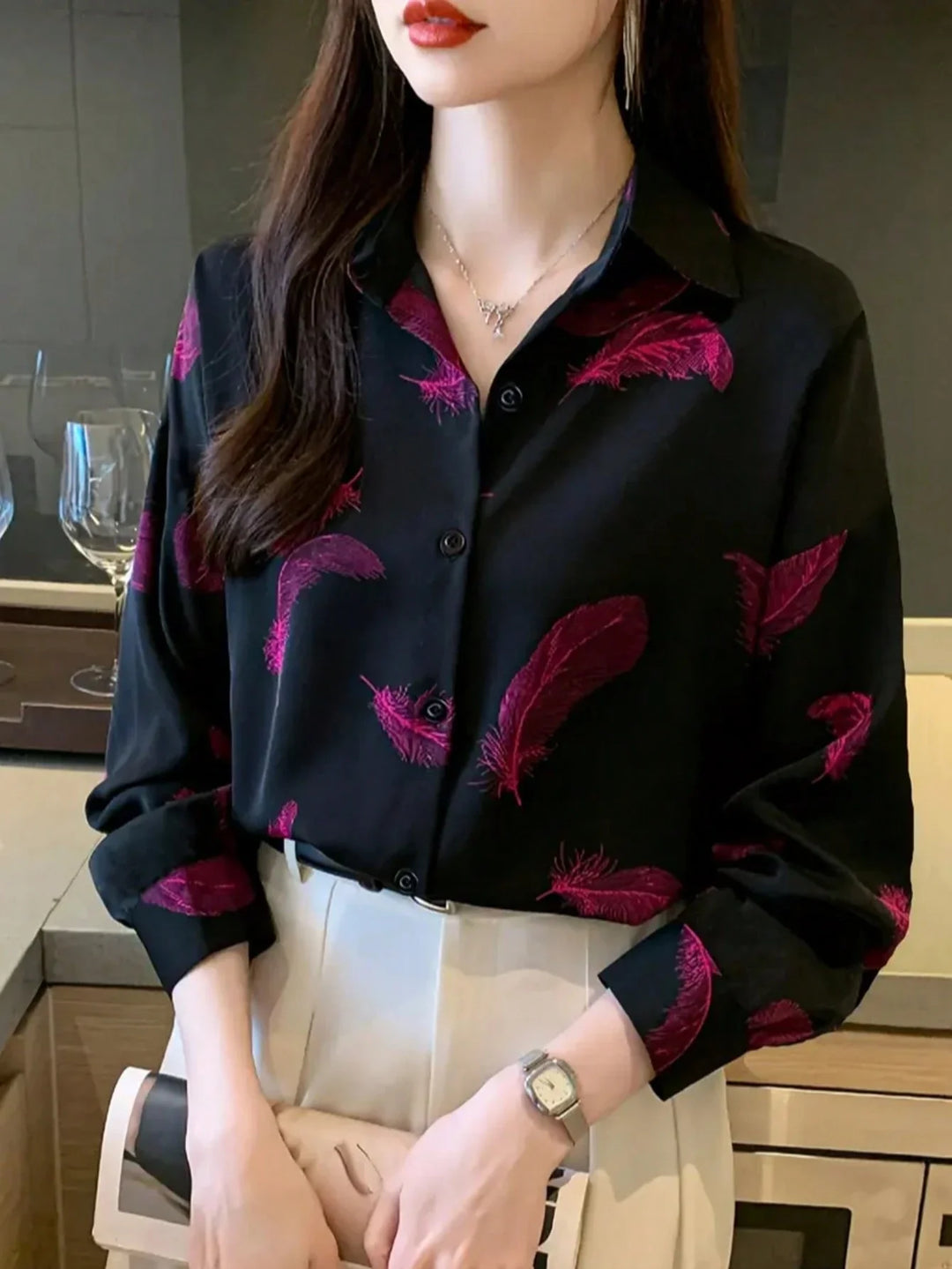 Women’s Casual Feather Print Elegant Long Sleeve Blouse – Ladies Top
