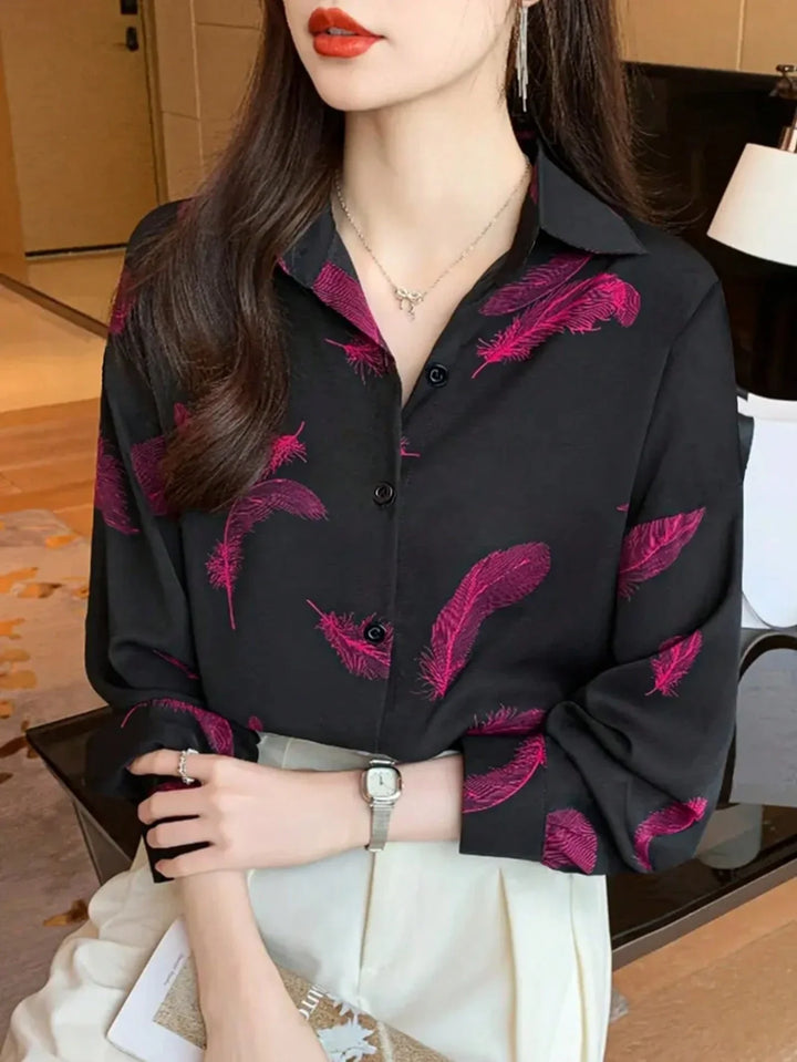 Women’s Casual Feather Print Elegant Long Sleeve Blouse – Ladies Top