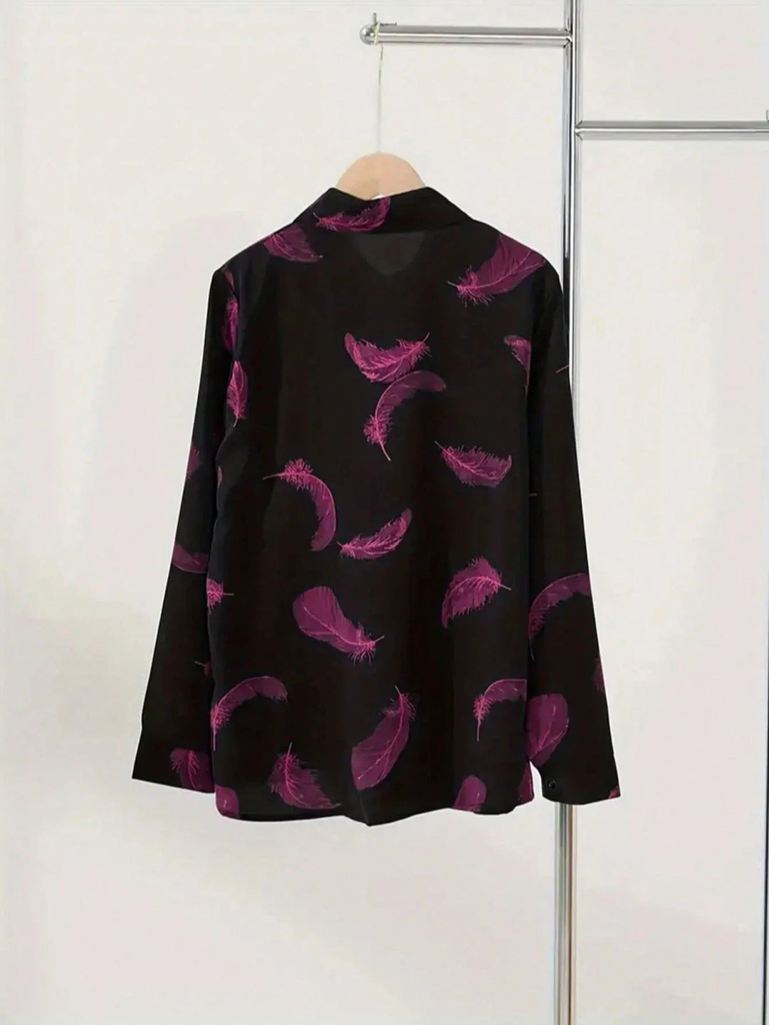 Women’s Casual Feather Print Elegant Long Sleeve Blouse – Ladies Top