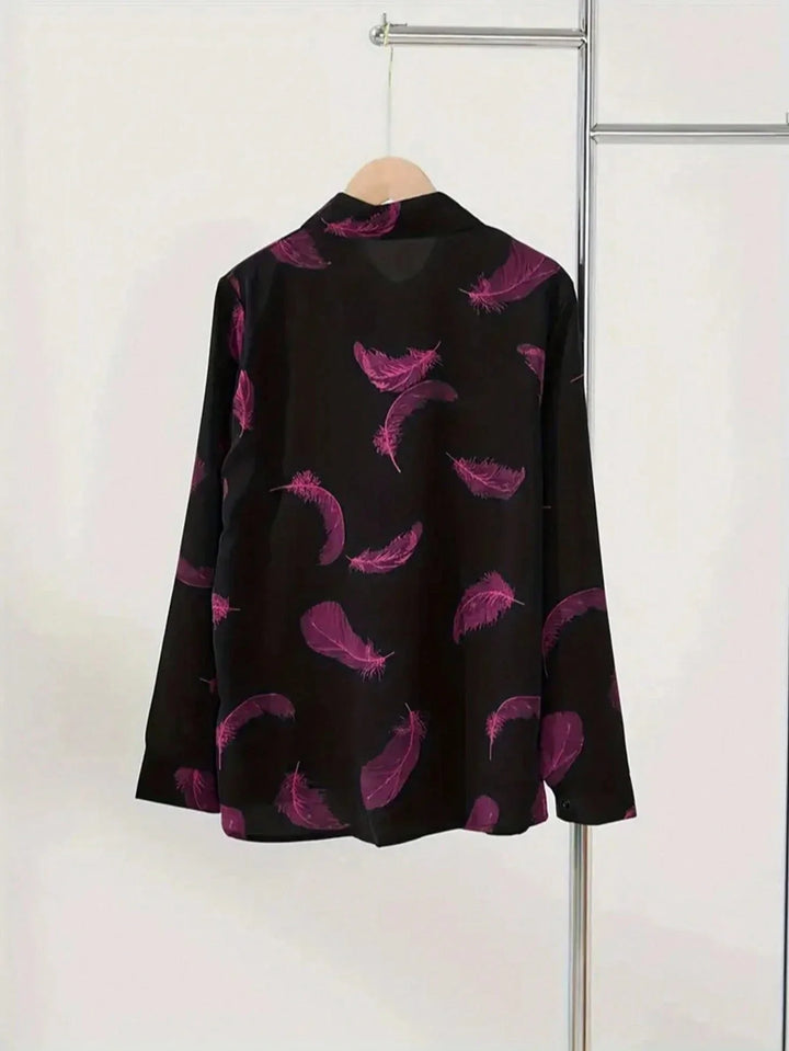 Women’s Casual Feather Print Elegant Long Sleeve Blouse – Ladies Top