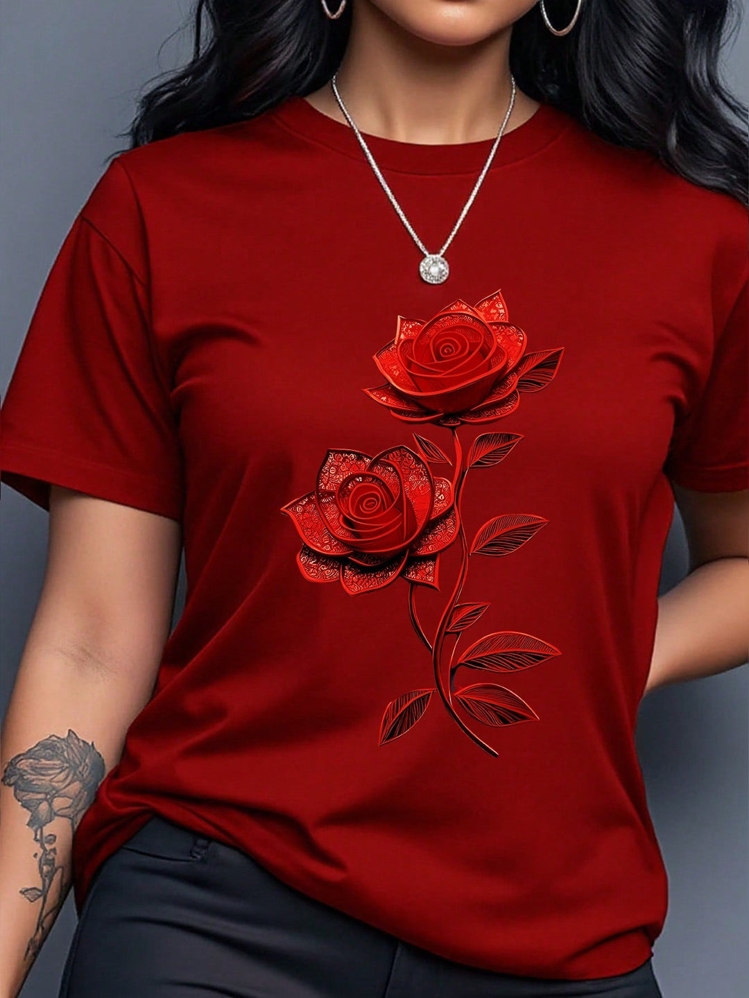 Women Purple Floral Print Round Neck Short Sleeve T-Shirt Summer Top