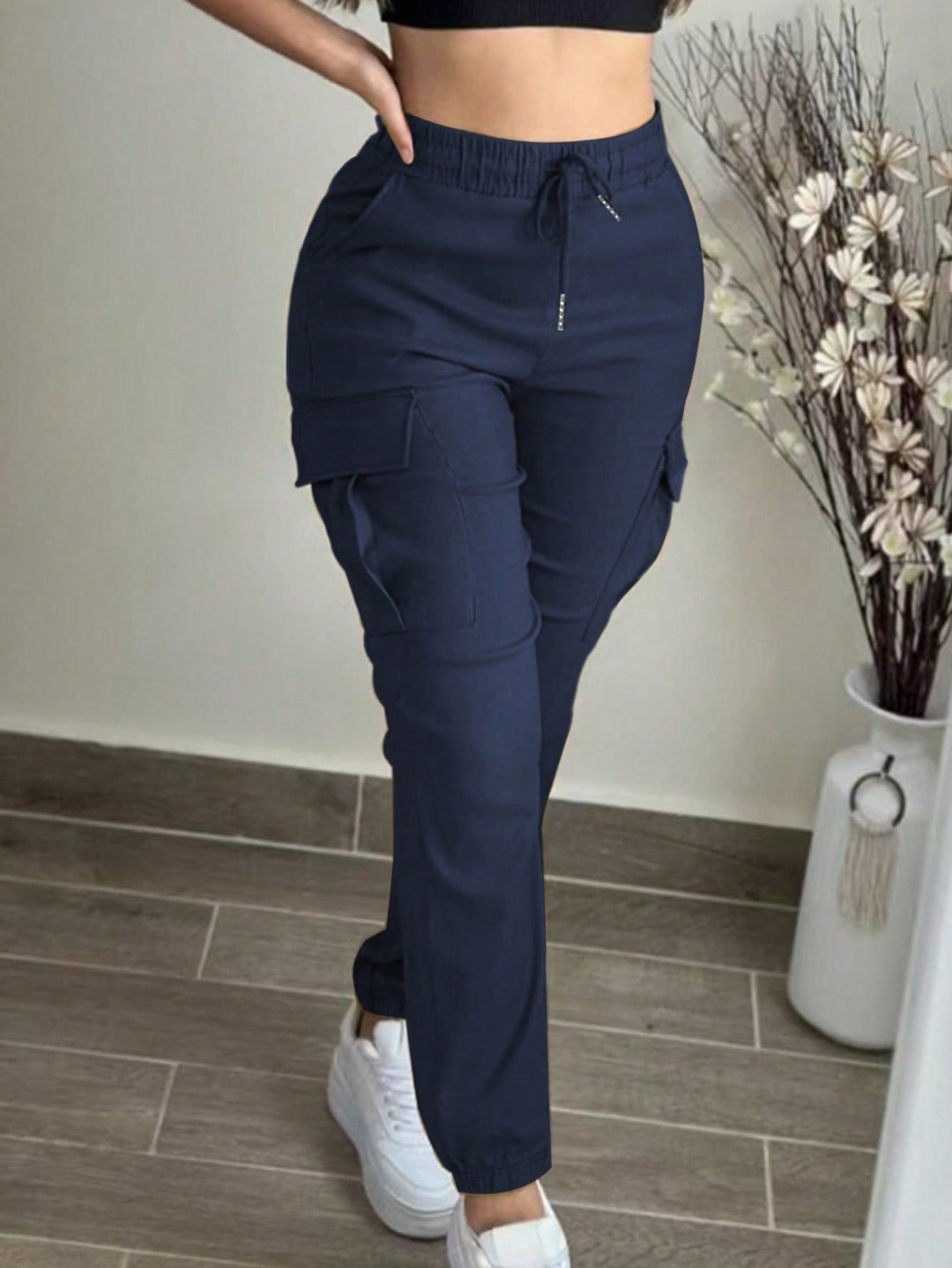 Casual Solid Color Simple Pocket Elastic Waist Drawstring Cargo Pants