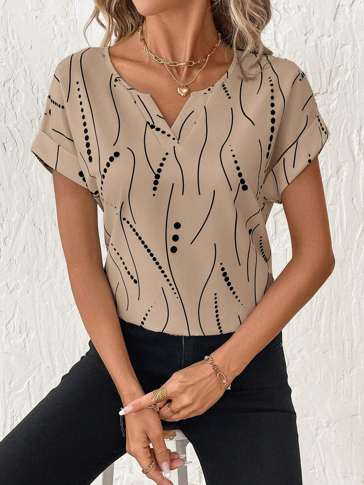 Women's V-Neck Polka Dot Print Short Sleeve Casual Shirt