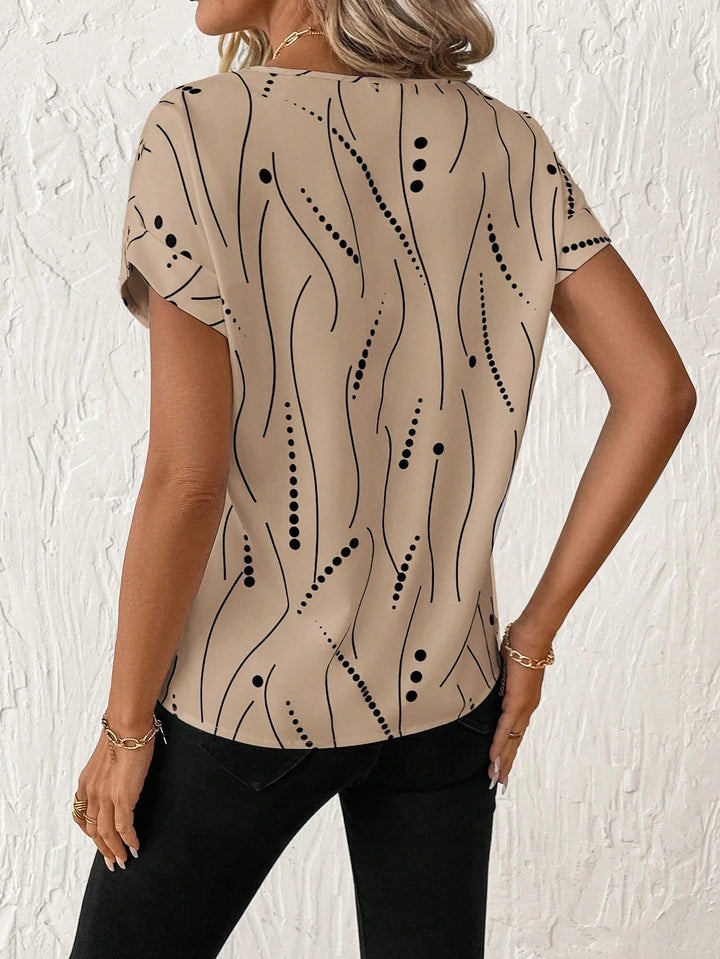 Women's V-Neck Polka Dot Print Short Sleeve Casual Shirt