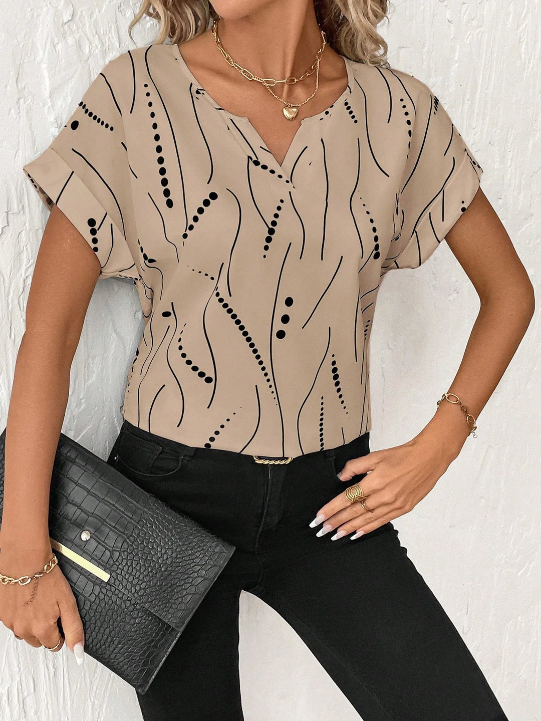 Women's V-Neck Polka Dot Print Short Sleeve Casual Shirt