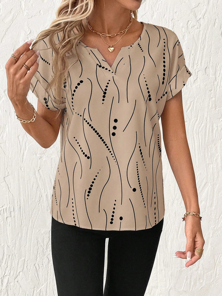 Women's V-Neck Polka Dot Print Short Sleeve Casual Shirt