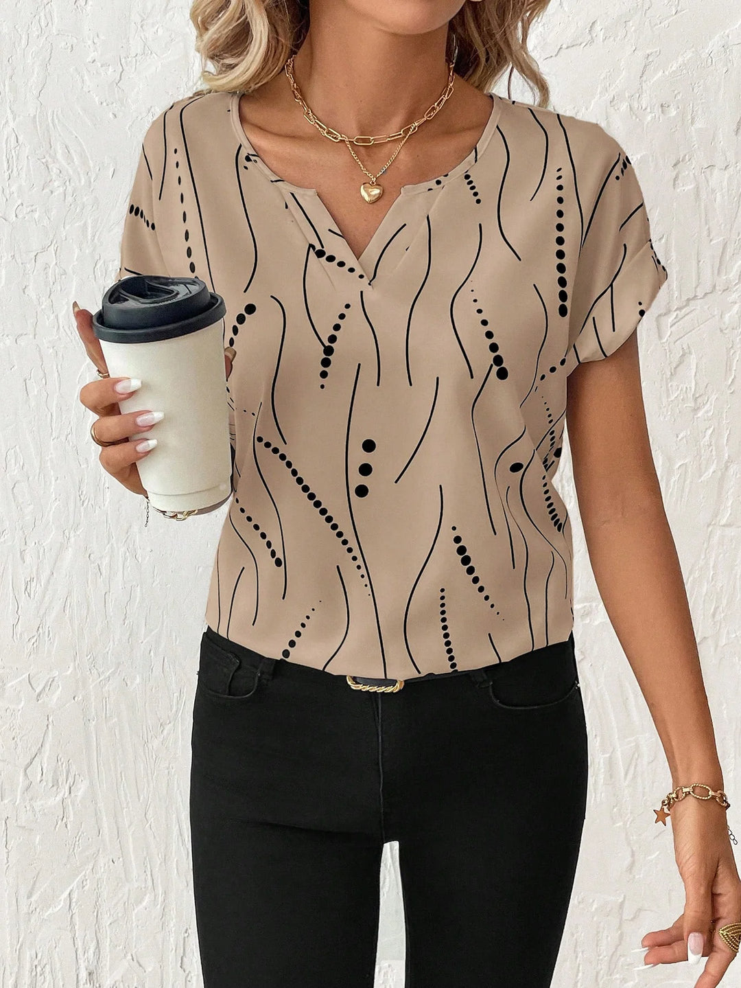 Women's V-Neck Polka Dot Print Short Sleeve Casual Shirt