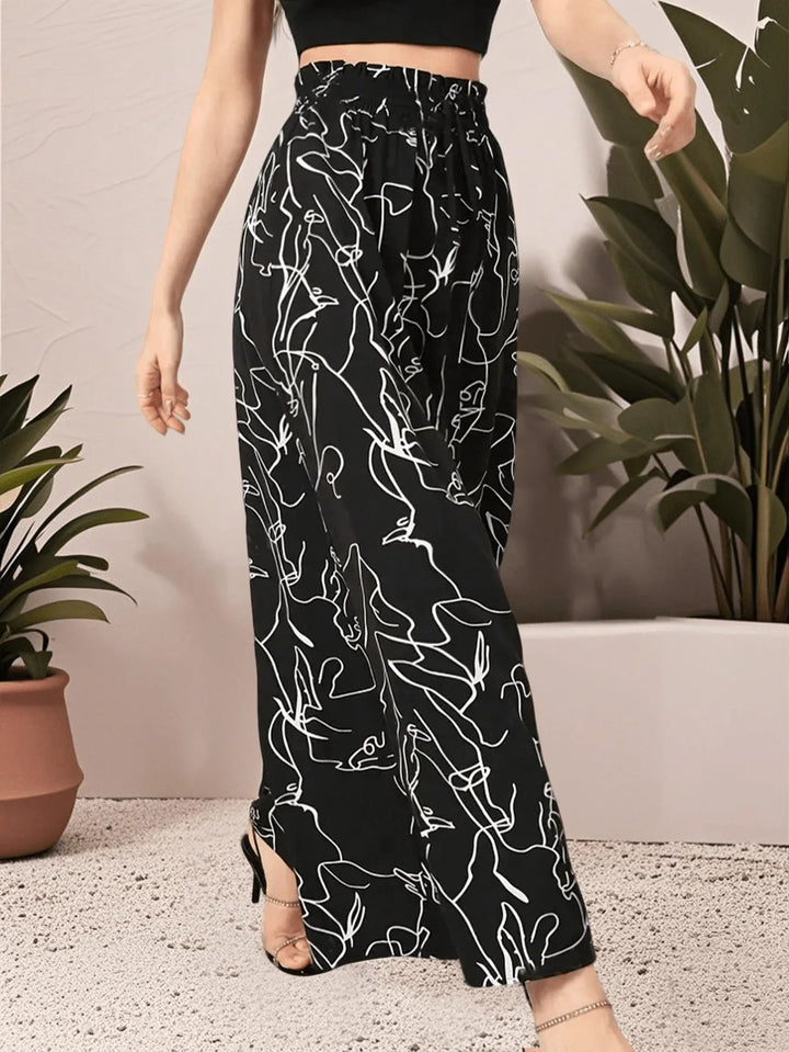 Women’s Pleated Waist Wide Leg Pants – Abstract Print Casual Fit