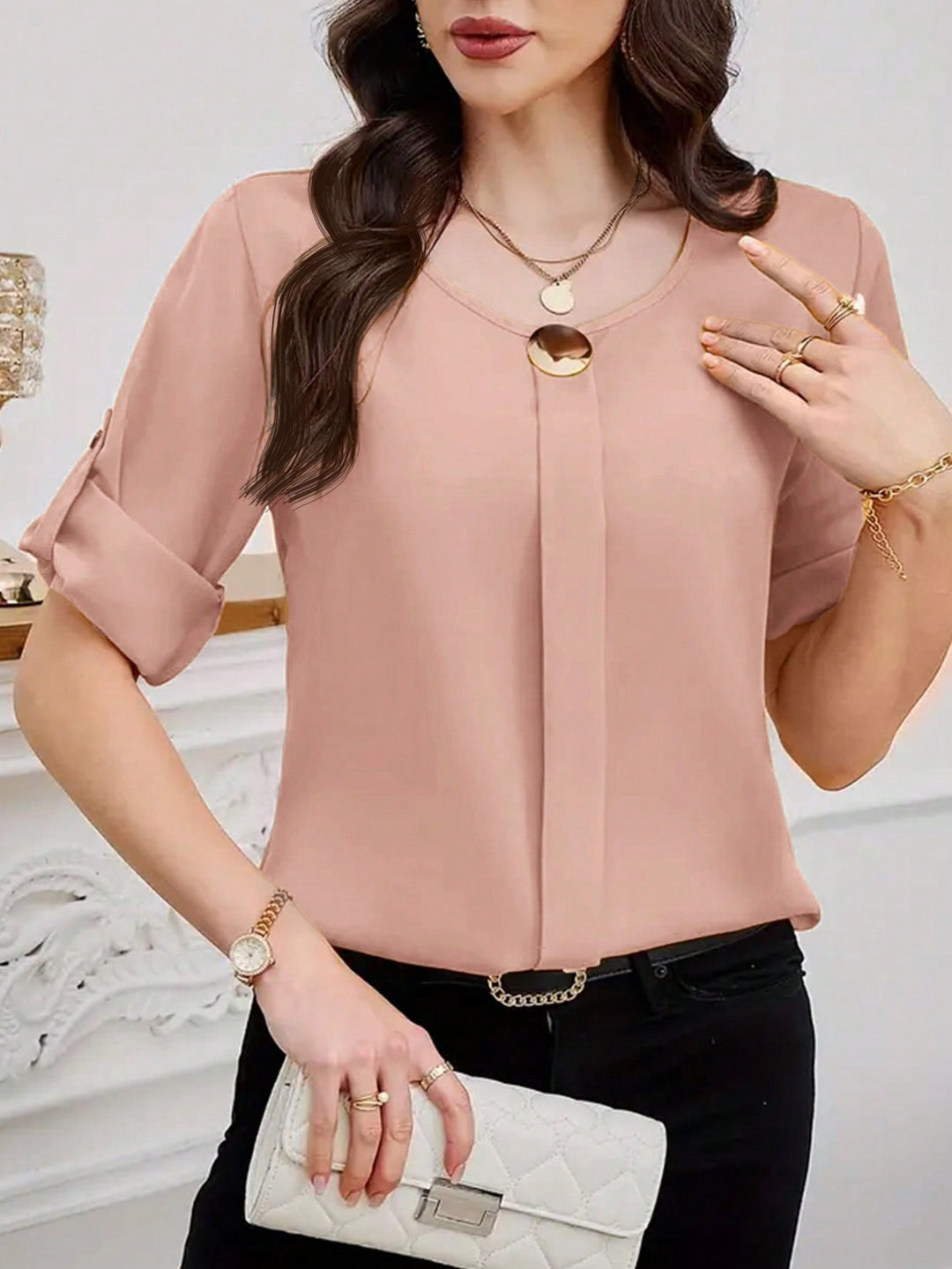 Womens Plain Round Neck Short Sleeve Button Front Casual Blouse