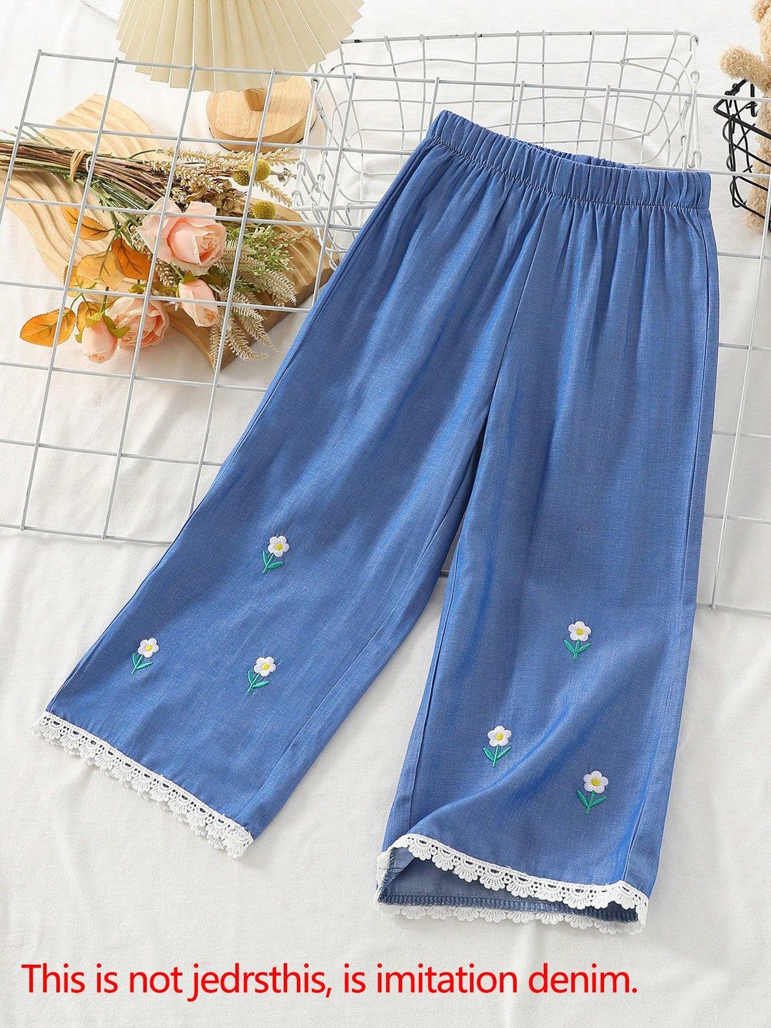 Girls Wide Leg Floral Embroidered Ruffle Hem Casual Pants
