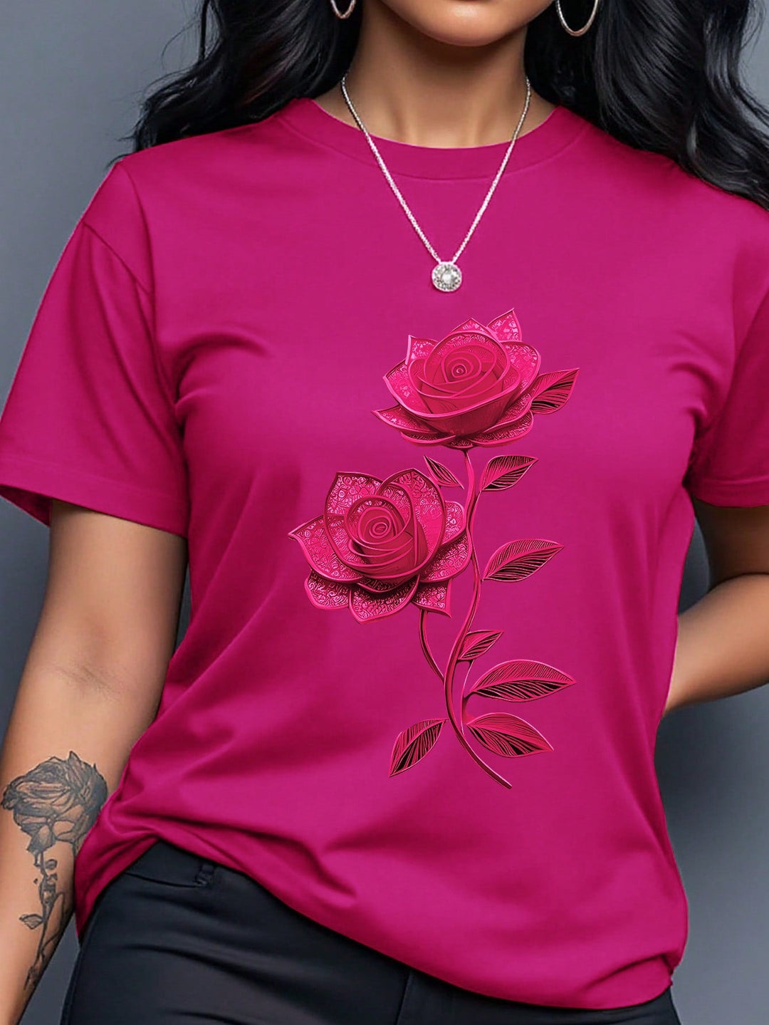 Women Purple Floral Print Round Neck Short Sleeve T-Shirt Summer Top